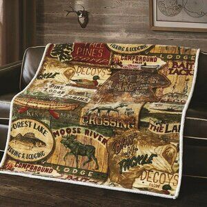New Lake House Sherpa Gift Fleece Throw Blanket Lodge Fishing Cabin Moose Fish